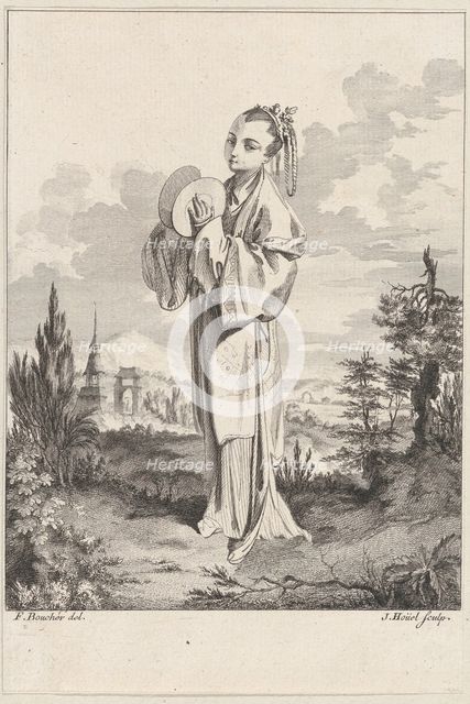 Chinoiserie with a woman holding cymbals, from Suite de Figures Chinoises. . .Tiré du C..., 1755-76. Creator: Jean-Pierre Houel.