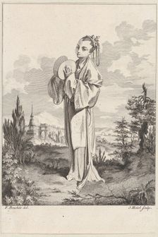 Chinoiserie with a woman holding cymbals, from Suite de Figures Chinoises. . .Tiré du C..., 1755-76. Creator: Jean-Pierre Houel