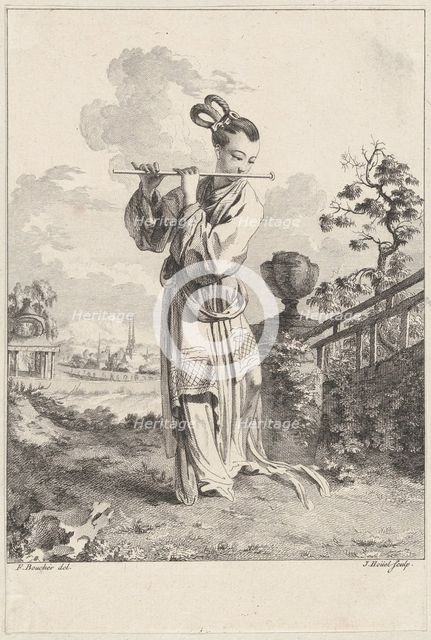 Chinoiserie with a woman playing a flute, from Suite de Figures Chinoises. . .Tiré du C..., 1755-76. Creator: Jean-Pierre Houel.