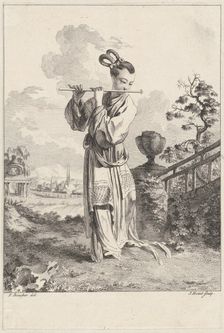 Chinoiserie with a woman playing a flute, from Suite de Figures Chinoises. . .Tiré du C..., 1755-76. Creator: Jean-Pierre Houel