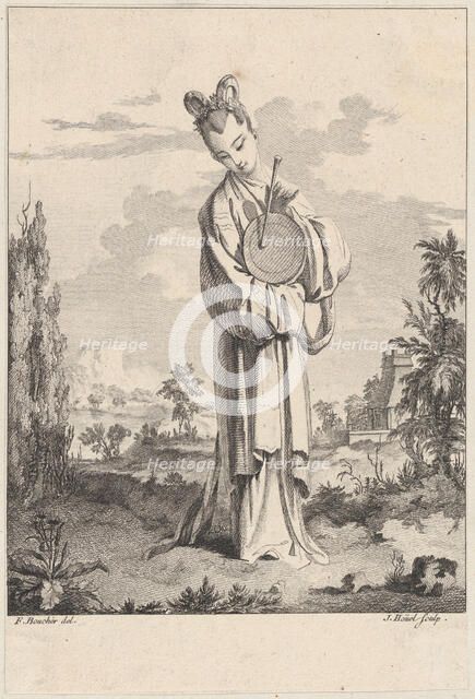 Chinoiserie with a woman playing a gong, from Suite de Figures Chinoises. . .Tiré du Ca..., 1755-76. Creator: Jean-Pierre Houel.