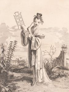Chinoiserie with a woman playing a musical instrument, from Suite de Figures Chinoises...., 1755-76. Creator: Jean-Pierre Houel