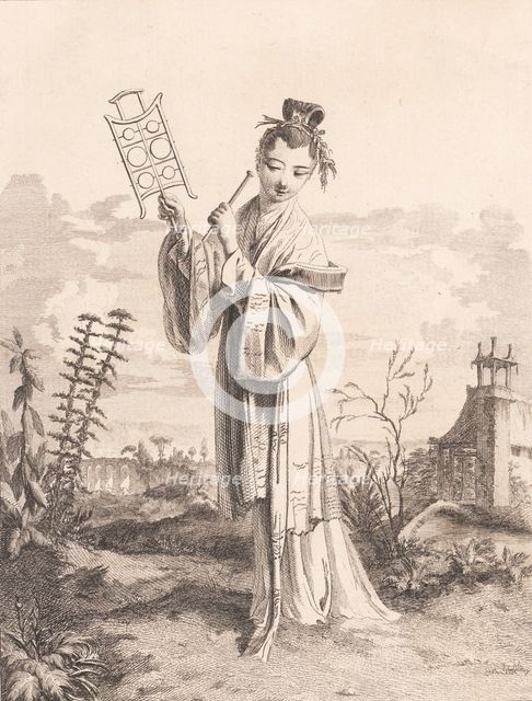Chinoiserie with a woman playing a musical instrument, from Suite de Figures Chinoises...., 1755-76. Creator: Jean-Pierre Houel.