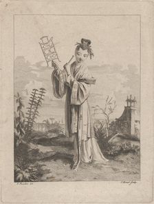 Chinoiserie with a woman playing a musical instrument, from Suite de Figures Chinoises...., 1755-76. Creator: Jean-Pierre Houel