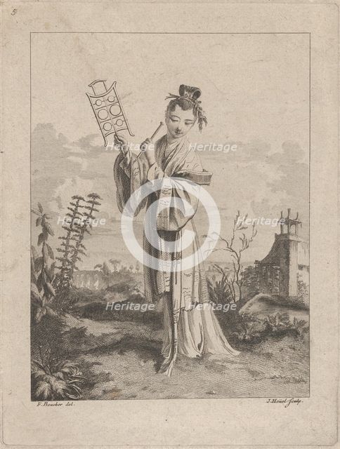 Chinoiserie with a woman playing a musical instrument, from Suite de Figures Chinoises...., 1755-76. Creator: Jean-Pierre Houel.