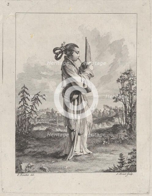 Chinoiserie with a woman playing the mouth organ, from Suite de Figures Chinoises. . .T..., 1755-76. Creator: Jean-Pierre Houel.