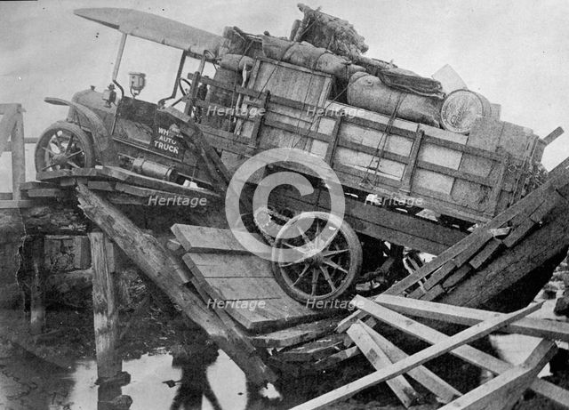 China - Bridge Broken Under American Truck, 1913. Creator: Harris & Ewing.