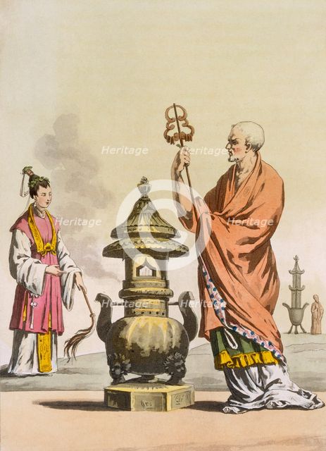 Chinese Taoist religious customs: A bonzo in ceremonial robes, c1820-30. Creator: Italian School (19th Century).