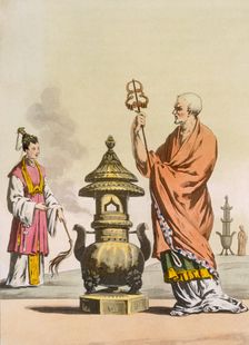 Chinese Taoist religious customs: A bonzo in ceremonial robes, c1820-30. Creator: Italian School (19th Century)