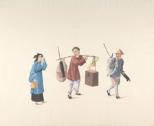 Chinese Woman, Man with Legs Chained and Another Carrying Parasol and Bundle, 19th cent. Creator: Anon