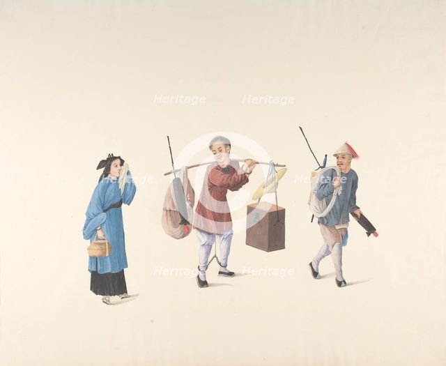 Chinese Woman, Man with Legs Chained and Another Carrying Parasol and Bundle, 19th cent. Creator: Anon.