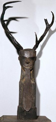 Chinese wooden sculpture of an antlered head