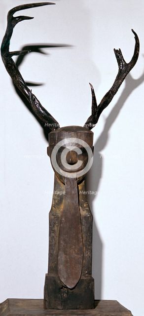 Chinese wooden sculpture of an antlered head. Artist: Unknown