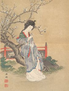 Chinese Beauty Beside a Plum Tree, leaf from the album A Contest of Beauties from the Nea..., 1895. Creator: Unknown