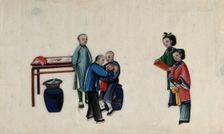 Chinese birth customs: a baby's head is shaved as part of the one month celebration..., 1800. Creator: Unknown