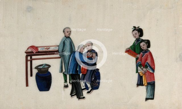 Chinese birth customs: a baby's head is shaved as part of the one month celebration..., 1800. Creator: Unknown.