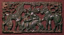 Chinese bronze harness-plaque of wrestling men, 5th century BC