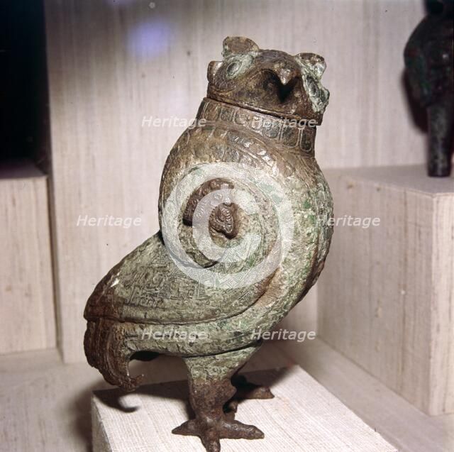 Chinese Bronze Wine-Vessel or Tsun, in form of Short-Eared Owl, 11th century BC-10th century BC. Artist: Unknown.