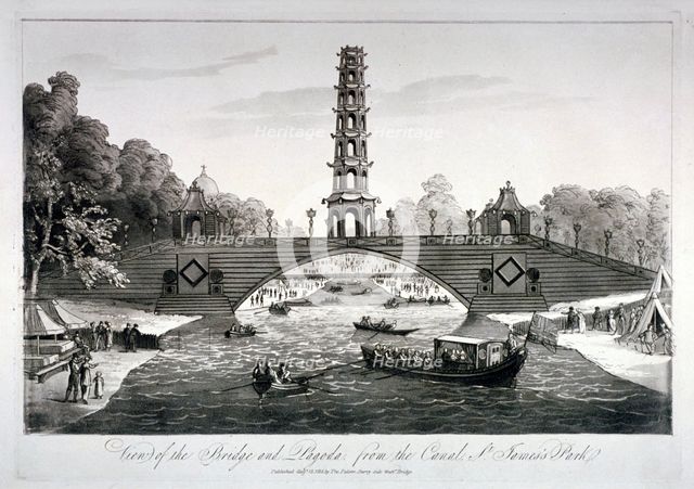 Chinese bridge and pagoda, St James's Park, Westminster, London, 1814. Artist: Anon