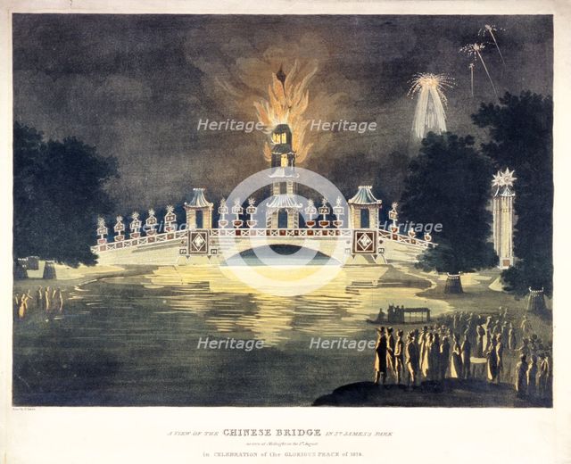 '...Chinese Bridge in St James's Park..., in celebration of the glorious peace of 1814'.  Artist: Frederick Calvert