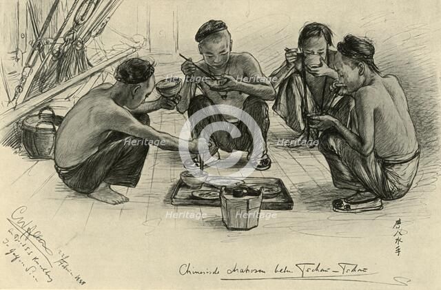 Chinese crew members eating on board the 'Knivsberg', 1898.  Creator: Christian Wilhelm Allers.