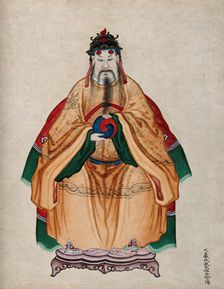 Chinese Emperor Fu Hsi, wearing traditional costume, holding the Yin-yang symbol, 19th century. Creator: Unknown