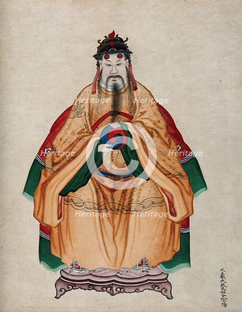 Chinese Emperor Fu Hsi, wearing traditional costume, holding the 'Yin-yang' symbol, 19th century. Creator: Unknown.
