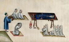 Chinese funeral customs: the body of an elderly man lies on a bier, attended by men and..., 1800. Creator: Unknown