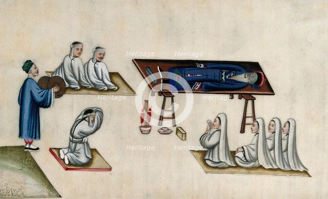 Chinese funeral customs: the body of an elderly man lies on a bier, attended by men and..., 1800. Creator: Unknown.