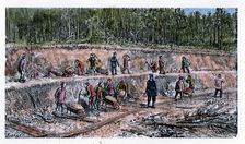 Chinese laborers working on the Transiberian railway works, engraving, 1890