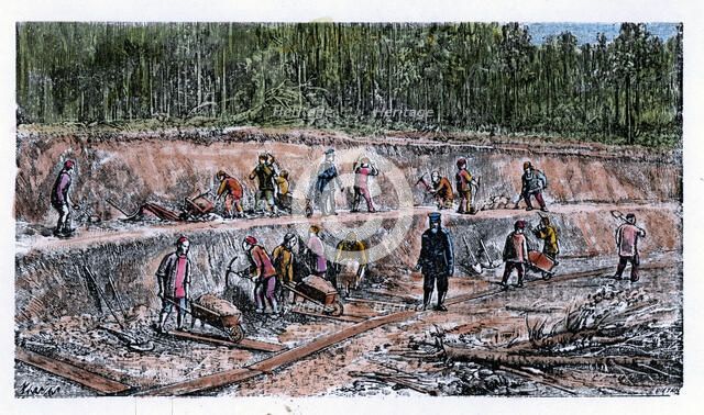 Chinese laborers working on the Transiberian railway works, engraving, 1890.