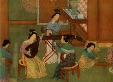Chinese lute p'i-p'a, moon guitar yue-chin and table zither tchin; detail of a painting on silk of