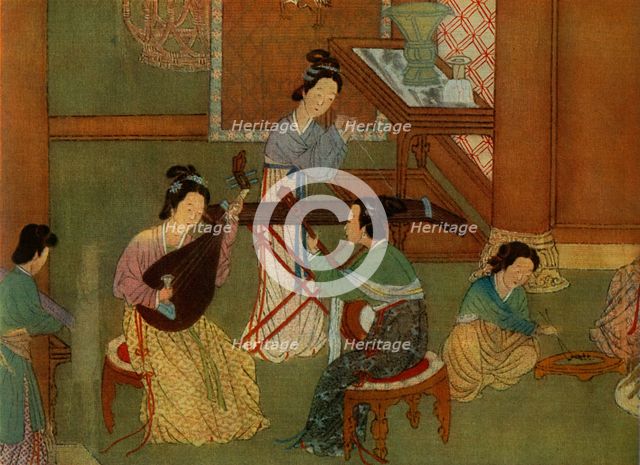 'Chinese lute p'i-p'a, moon guitar yue-chin and table zither tchin; detail of a painting on silk of  Artist: Unknown.
