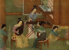 Chinese lute p'i-p'a, moon guitar yue-chin and table zither tchin; detail of a painting on silk of