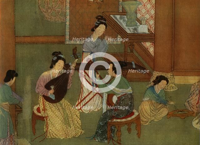 'Chinese lute p'i-p'a, moon guitar yue-chin and table zither tchin; detail of a painting on silk of  Artist: Unknown.