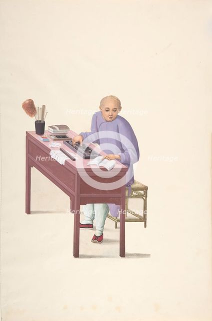 Chinese Man at Desk with an Abacus, 19th century. Creator: Anon.