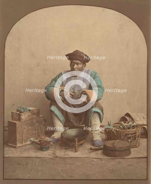 [Chinese Man Sitting with Tools], 1870s. Creator: Unknown.