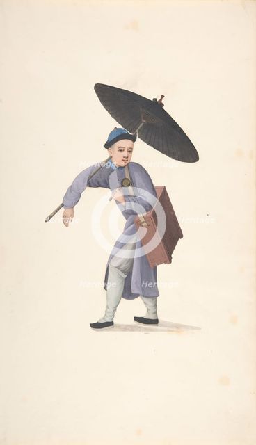 Chinese Man with Parasol, Rattle and Box, 19th century. Creator: Anon.