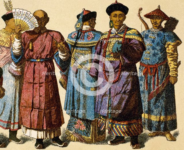 Chinese mandarin wearing official dress and house attire next to Chinese archer, Modern Age. Creator: Unknown.
