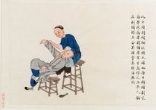 Chinese medicine: a practitioner massages a patient's shoulder, 1890. Creator: Pei Qun Zhou