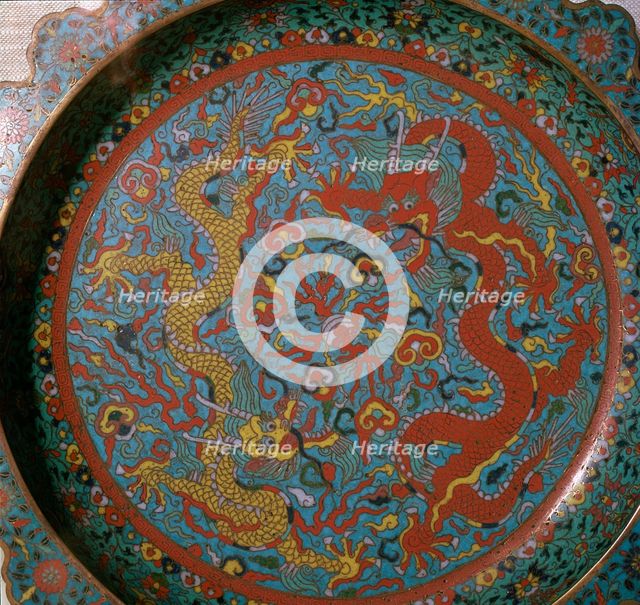 Chinese Ming Dynasty enamel dish with a design of dragons, 16th century. Artist: Unknown