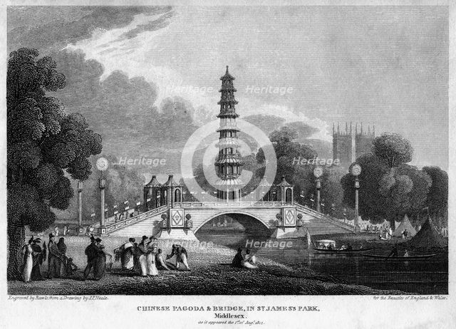 Chinese pagoda and bridge, St James's Park, Westminster, London, 1814.Artist: Rawle