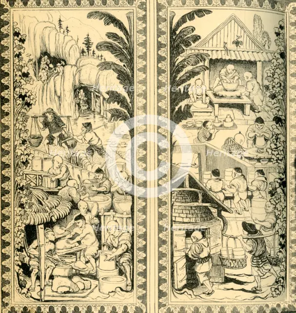 Chinese potters at work, design for stained glass window, c1870, (1881).  Creator: William Bell Scott.