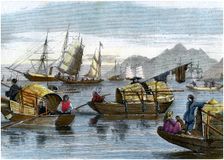 Chinese sampans in the harbour of Hong Kong, c1875
