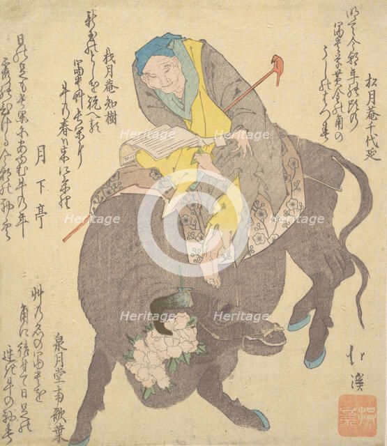 Chinese Sage Reading While Riding on a Buffalo, ca. 1820. Creator: Totoya Hokkei.