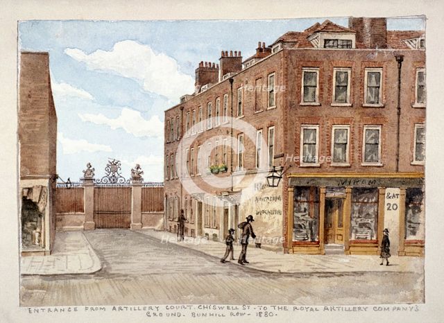 Chiswell Street with entrance to the Royal Artillery Company's ground, Finsbury, London, 1880. Artist: Unknown