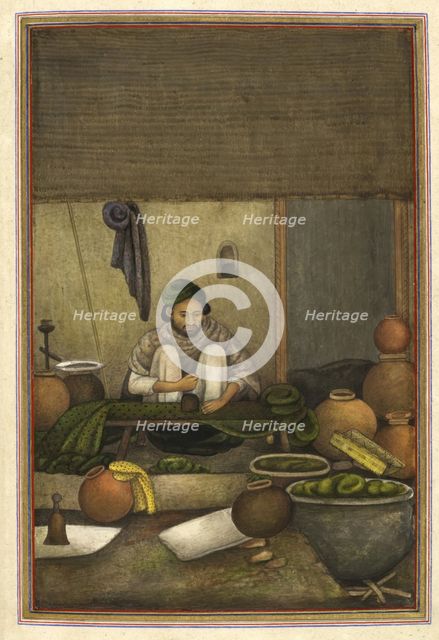 "Chipi" (or chimba), a cloth printer, printing green cloth with a red geometric design, 1825.. Creator: Anon.