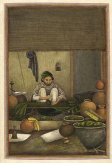 "Chipi" (or chimba), a cloth printer, printing green cloth with a red geometric design, 1825.. Creator: Anon