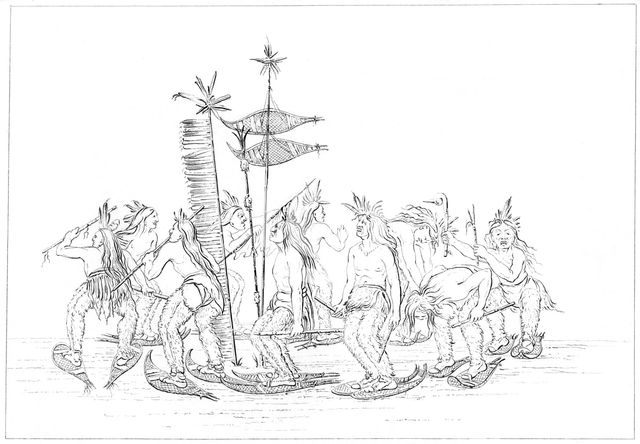 Chippewa snowshoe dance, 1841.Artist: Myers and Co