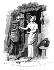 Chiromancy: Country girl having her hand read by a fortune teller who sees misfortunes ahead. Artist: William Marshall Craig